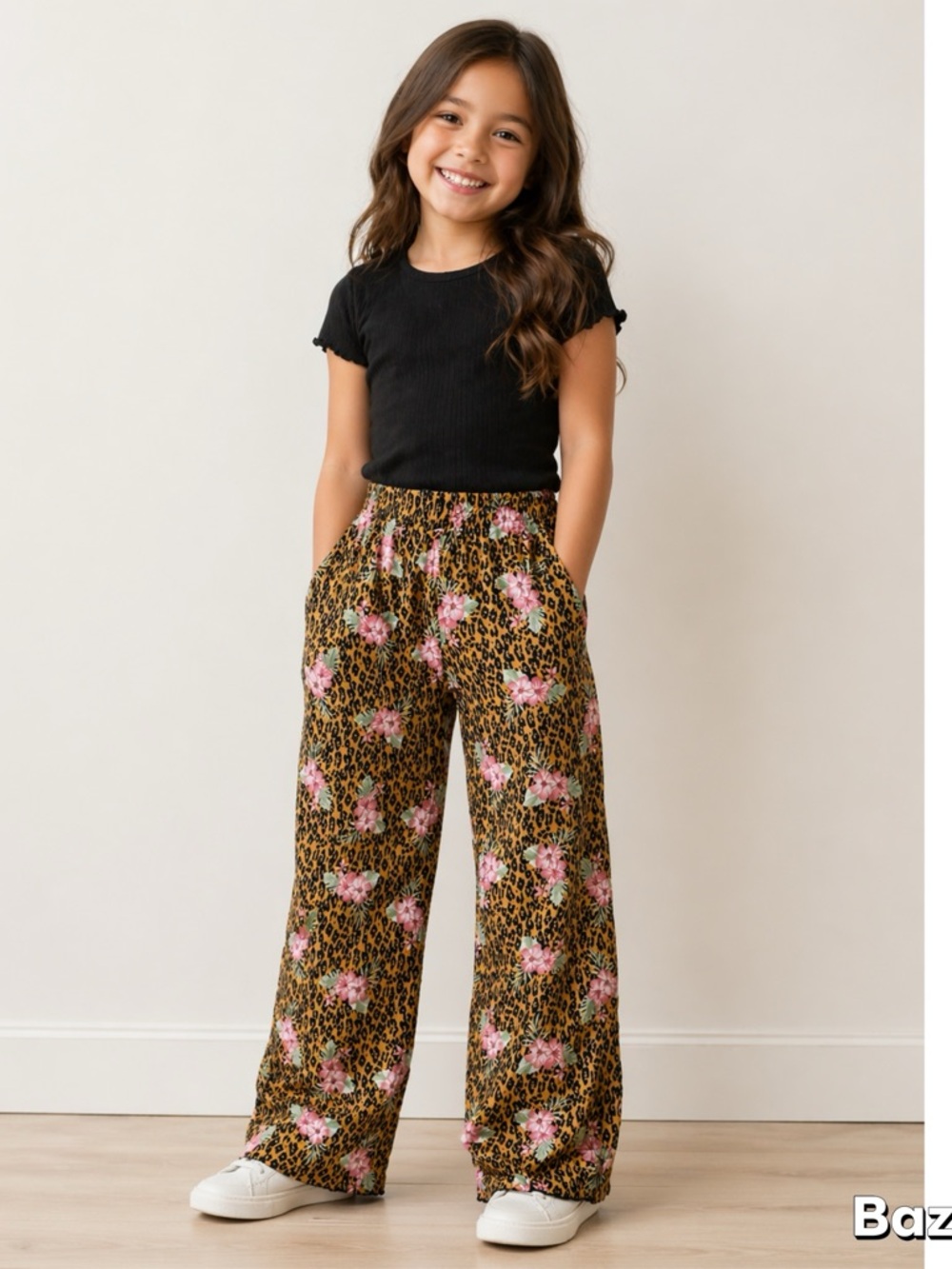Sz 10/12 Girls Floral Leopard Palazzo Beach Pants
